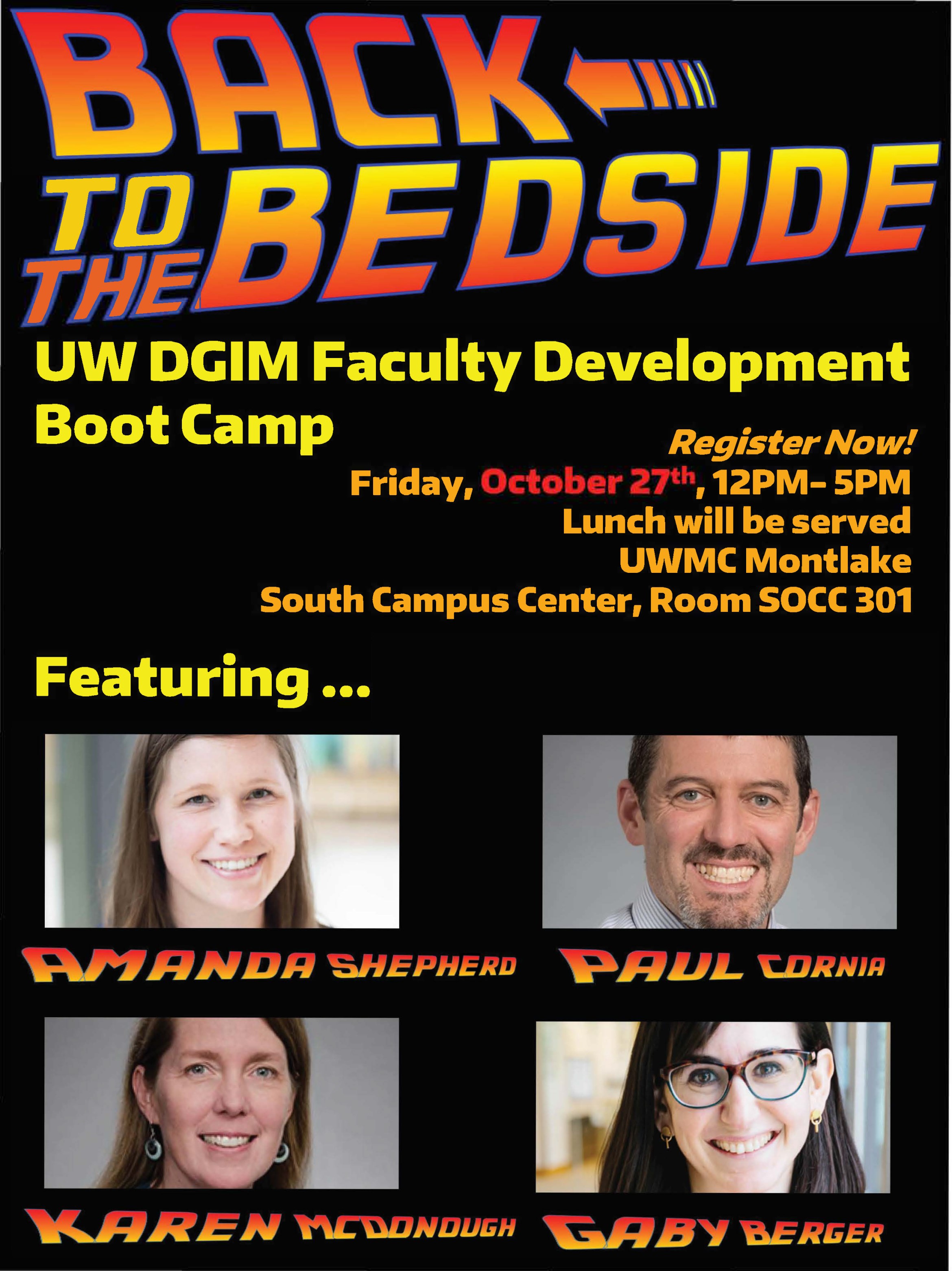 2023 FDP Boot Camp Flyer with the information above w/ photos of faculty, all in the style of the Back to the Future films of the 1980s